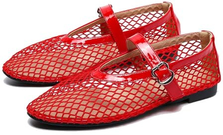 HKFBHFKM Mesh Ballet Flats for Women Fishnet Ballerina Flats Buckle Strap Mesh Ballet Shoes Wide Width Casual Summer Dress Flat Shoes(Red,7 UK)