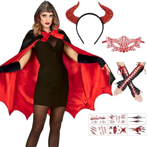 Teufel Kostüm Damen, Halloween Kostüm Damen Vampir Umhang, Kapuzenumhang Schwarz Rot Doppelseitig mit Augenmaske aus Spitze, Tattoo, Teufelsstirnband und Satinhandschuhen für Cosplay Halloween Party