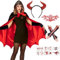 Teufel Kostüm Damen, Halloween Kostüm Damen Vampir Umhang, Kapuzenumhang Schwarz Rot Doppelseitig mit Augenmaske aus Spitze, Tattoo, Teufelsstirnband und Satinhandschuhen für Cosplay Halloween Party