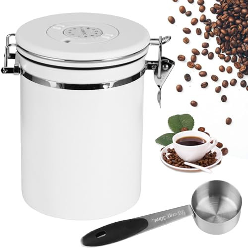 Coffee Canister Airtight, 2.8 L Coffee Bean Container Made of Stainless Steel, 1 kg Beans Vacuum Coffee Canister, Airtight Stainless Steel Coffee Canister with CO2 Valve, Measuring Spoon (White-2.8L)