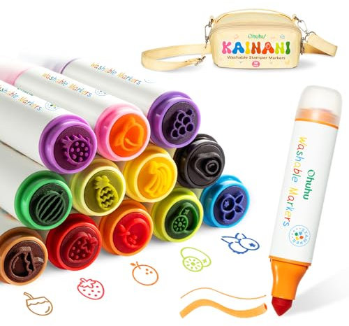 Ohuhu Filzstifte Kinder Auswaschbar mit Stempelstifte - 12 Farben Marker | Wasserbasierte ungiftige Fasermaler Kinder Extra dicker Griff | Mit kindgerechter Spaß-Tasche | Malstifte Ab 3 Jahre