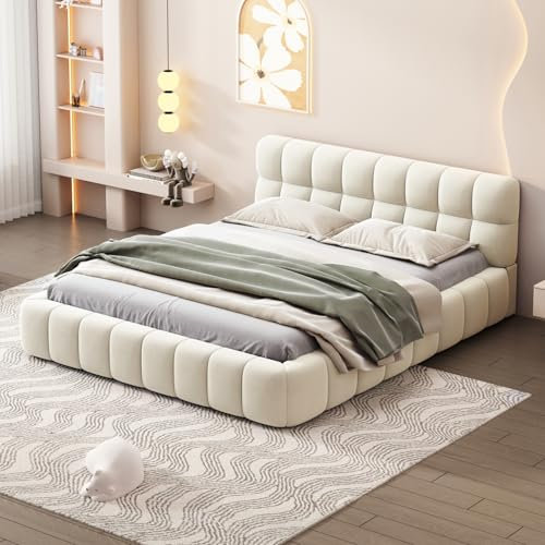 Lit Double Rembourré 160x200 cm, Lit Bubble avec Sommier à Lattes, Lits 2 Personnes Capitonne avec Tête de Lits, Cadre de Lit pour Adulte Chambre à Coucher et Chambre d'amis, sans Matelas, Lin
