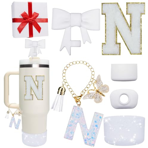 Miglaja Pink Accessories for Stanley Cup 30OZ 40OZ, All Accessories Gift Box Contain Flower Straw Topper, Sillicone Boot, Letter Stickers and Pendants,Spill Stopper Set (White N)