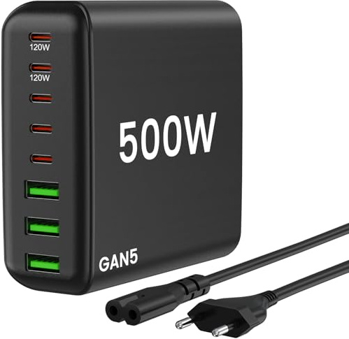 USB C Ladegerät Mehrfach: 500W 8-Port Schnellladegerät mit USB-C und USB-A, USB c Netzteil für iPhone/Pro/Max, MacBook, ipad