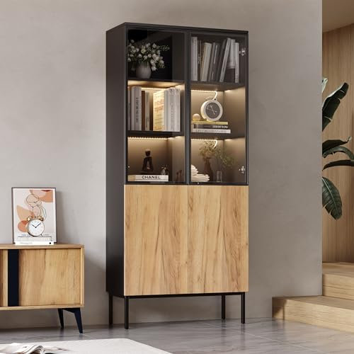 boorbin Vitrine mit Glastüren, 180 cm hoher Schrank mit LED-Leuchten, Bücherregal, 5-stöckige Glasvitrine für Sammlerstücke, Bücherregal, Büro, Schwarz/Eiche
