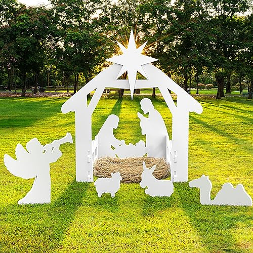 Große Krippe im Freien, wetterfestes Krippen-Set Weihnachts Heilige Familie Weihnachtsdekorationen im Freien für Vorgarten, Rasen und Kirche (Deluxe Krippen-Set)