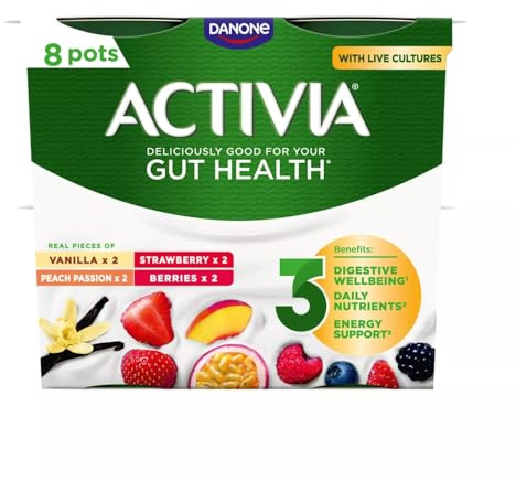 Activia Strawberry & Yellow Fruits 0% Fat and No Added Sugar Yogurt, 115 g (Pack of 8) | 0% fat, no added sugars with live cultures