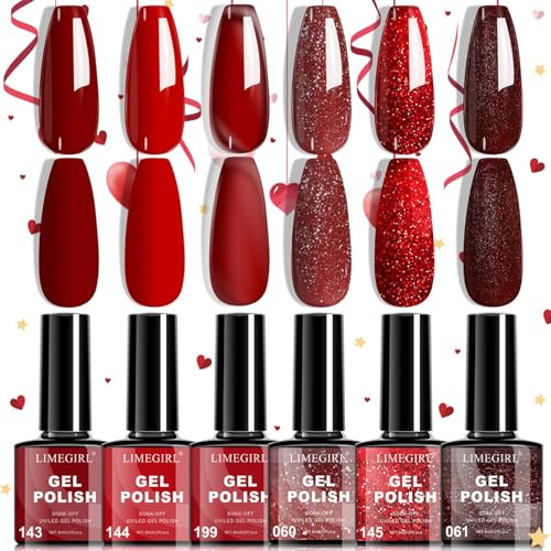6PCS Red Nail Polish Set,Sparkle Glitter Nail Polish,Air Quick Dry Nail Varnish,Gold Green Red Nail Varnish,Shimmer Nail Polishes Kit For Women Girls Gift (6PCS Burgundy Red)