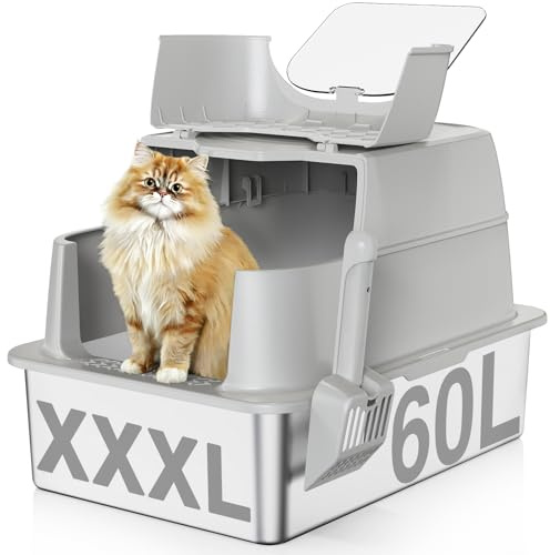 APPKER XXXL Katzenklo Edelstahl mit Deckel, 180° Klappdeckel, Extra Großes Geschlossenes Katzenklo, 66×46×42 cm Katzenklo Metall mit Hohem Rand für Große Katzen und Mehrkatzenhaushalte - Hellgrau