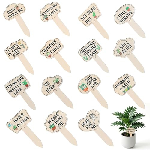 15 PCS Wooden Plant Labels with Funny Words & Patterns, Natural Wood Plant Markers for Indoor & Outdoor Garden, Decorative Plant Tags for Herbs, Vegetables & Potted Plants