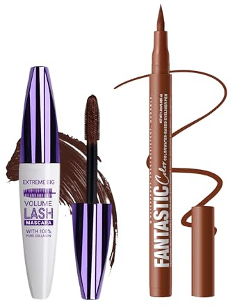 Brauner Wimperntusche & Eyeliner Set, Wasserfest, Langhaltende, Wischfester | 5D Silk Fiber Telescopic Mascara Volumen und Länge, Schnelltrocknend Liquid Eyeliner, Hochpigmentiert Augen-Makeup für Frauen