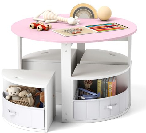 COSTWAY Kindertisch mit 4 Stühlen rund, 5 teilige Kindersitzgruppe aus Holz mit 4 Stauraumhocker & 4 Stoffschubladen, Maltisch platzsparend für Kinderzimmer, Sitzgruppe für Kinder ab 3 Jahren (Rosa)