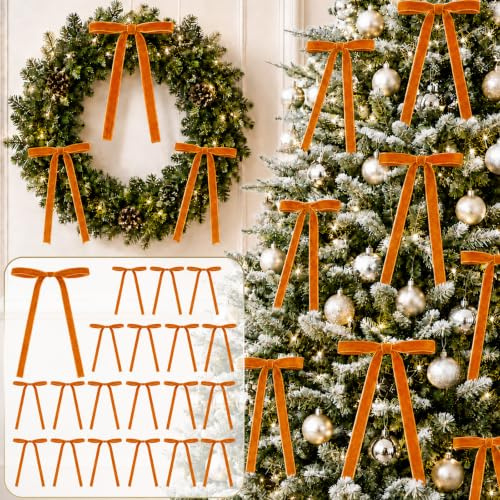 24pcs Fall Velvet Ribbon Bows for Thanksgiving Christmas Tree Decorations | Pre-tied Orange Bows Ornaments for Tree Autumn Pumpkin Baby Shower Xmas Party Holiday Gift Wrapping Front Door Wreath Decor