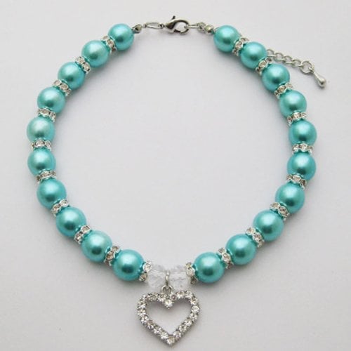 PETFAVORITES Engraved Crystal Heart Dog Necklace Jewelry with Bling Pearls Rhinestones Charm for Pets Cats Small Dogs Girl Teacup Chihuahua Yorkie Clothes Costume Outfits (Blue, Neck Size: 12-14)