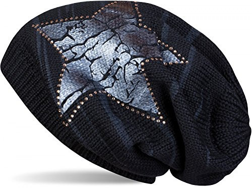 styleBREAKER Strick Beanie Mütze mit Vintage Stern Print und Strass Rand, Strickmütze mit Streifen Muster, Unisex 04024083, Farbe:Midnight-Blue/Blau
