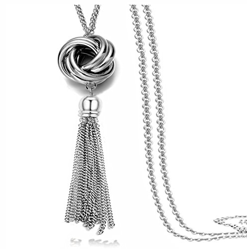 Fashion HW Lange Quaste Halskette Silber Knoten Anhänger 3 Kreis Knoten Schlange Kette für Frauen (Silber)