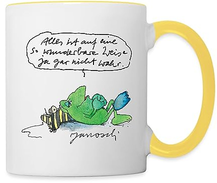 Spreadshirt Janosch Auf Wunderbare Weise Nicht Wahr Tasse, One size, Weiß/Gelb, Keramik, 325 ml, Tasse mit Henkel, Klassisch, Zuhause, Heißgetränke, Tierdruck, Kratzfest und UV-beständig