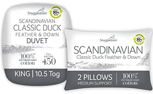 Snuggledown Duck Feather & Down King Size Duvet 10.5 Tog & Pillows - Natural Fill All-Season Quilt with 85% Feather 15% Down | 230TC Cotton Cover, Box Stitched, UK-Made, Machine Washable (225 x 220cm)
