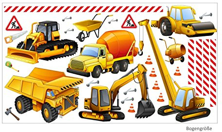 nikima - 128 Wandtattoo Baustelle Bagger LKW Kran Walze Lastwagen Raupe - in 6 Größen - Coole Kinderzimmer Sticker Aufkleber Wanddeko Wandbild Junge - Größe 750 x 420 mm