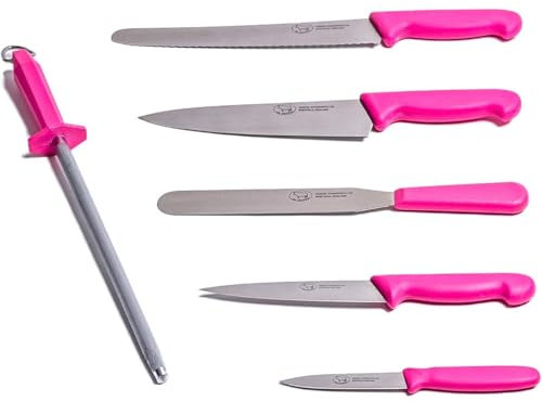 THE SMITHFIELD ‘Samprene’ 6-Piece Chef Knife Set – Stainless Steel Blades with Soft-Grip Handles – Includes Essential Knives, Serrated Slicer, and Sharpening Steel - Pink Handle