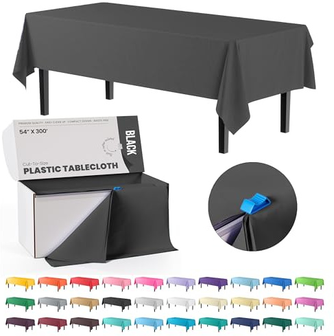 Party Solids Kunststoff-Tischdecke, 137 cm x 90 m, schwarze Rolle in einer zugeschnittenen Box mit praktischem Schieberschneider. Schneidet bis zu 36 rechteckige Einweg-Tischdecken aus Kunststoff, 2,4