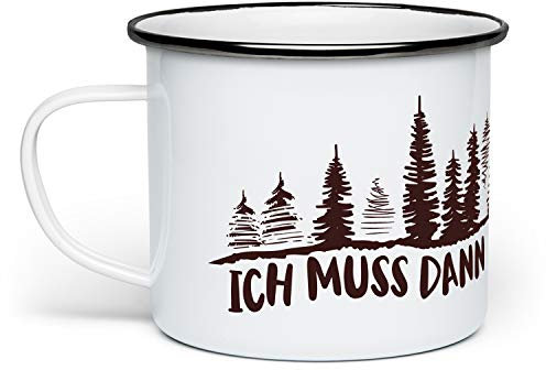 Fashionalarm Emaille-Tasse Ich muss dann mal in den Wald! beidseitig Bedruckt mit Spruch Motiv | Emaille-Becher als Geschenk-Idee für Camper, Weiß/Schwarz
