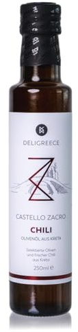 DELIGREECE - Castello Zacro Chili-Olivenöl | Kaltgepresstes Olivenöl mit frischen Chilis. Fruchtiges Oliven Öl ohne Zusätze aus Kreta, perfekt zum Braten, Kochen und Backen | 250ml