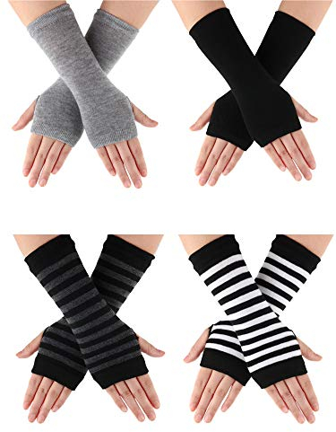 BBTO 4 Pairs Cashmere Wrist Fingerless Gloves with Thumb Hole Women Warm Half Gloves Winter Mittens Thermal Warmers Gifts for Men Women Ladies(Black, Grey, White Stripes, Brown Stripes)