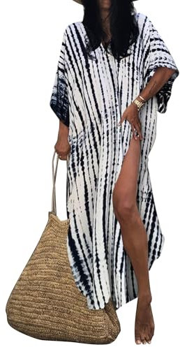 Bsubseach Women Black White Beach Kaftan Dresses Half Sleeve Plus Size Bathing Suit Cover Ups Caftan Dresses