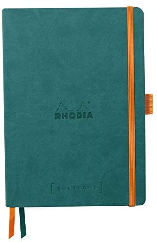 Rhodia 117806C - Notizheft Softcover Rhodiarama Goalbook DIN A5 (14,8x21 cm), 120 Blatt, DOT, 2 Lesezeichenbänder, Gummizugverschluss, Cover aus Kunstleder Pfaugrün, 1 Stück