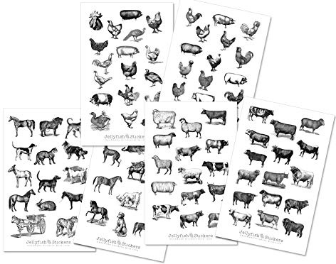 Vintage Farmtiere Sticker Set - Aufkleber, Journal Sticker, Sticker schwarz weiß, Farm, Tiere, Kuh, Schwein, Hund, Katze, Schaf, Pferd, Tier