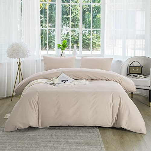MOHAP Parure de Lit 4 Pièces Housse de Couette 220x240cm + Drap Housse 160x200cm avec 2 taies d'oreillers 65x65cm Beige pour 2 Personnes Parure 100 Fils/cm² en Microfibre