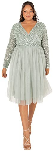 Maya Deluxe Women's Ladies Wedding Guest Midi Dress Long Sleeve Plunging Neckline V Neck Sequin Embellished Graduation Bridesmaid, Green Lily, 26