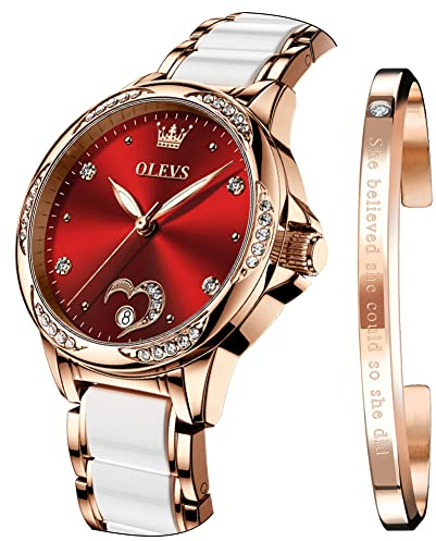 OLEVS Damenuhren Elegant Mechanisch Analog Mode Diamant Kleid Datum Keramik Edelstahlarmband Rosegold Armbanduhr für Frauen, rot
