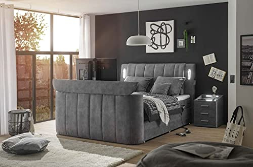 Froschkönig24 Dallas Boxspringbett Bett 180x200 cm, inkl. Motor & motorisierter TV-Halterung Grau, Ausführung:Variante 2