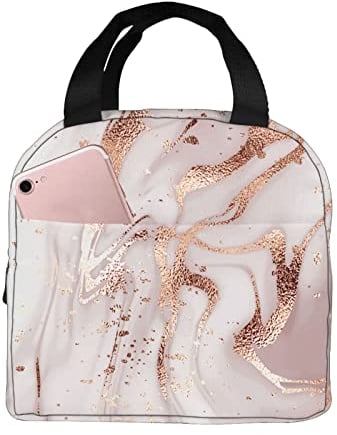 Lunch Bag Insulated Box Marble Painting with Rose Gold Glitter Pink Reusable Tote Portable Leakproof Cooler Front Pocket for Travel/Picnic/Work/School/Office, Gold,pink