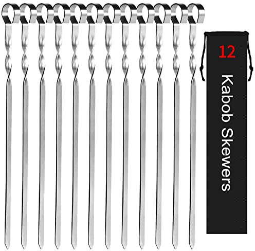 Kabob Spieße, 35,6 cm, Edelstahl, lange Grillspieße, flache Metall-Kebob-Stäbchen, breit, wiederverwendbar, für Fleisch, Huhn, 12 Stück mit Aufbewahrungstasche von Jy Cookment