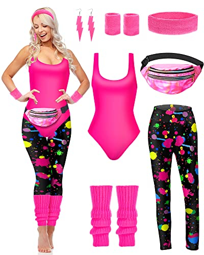 7 Stück 80er Jahre Workout Kostüm 80er Jahre Zubehör Set 80er Jahre 90er Jahre Leotard Legging Stirnband Armbänder Beinstulpen Ohrringe Bauchtasche (Neon Stil, Medium)