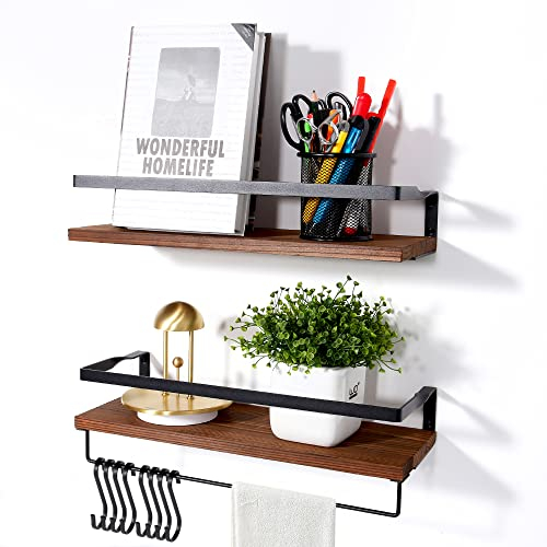 Uten Floating Shelves Wall Mounted Shelf, Dark Brown Solid Wood Shelf, Wooden Shelves Set Spirit Level, Towel Bar 8 Hooks for Bedroom, Bathroom, Living Room, Office, Kitchen