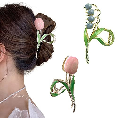 Jieliangli 2 Pcs Set Flower Metal Claw Clips - Large Vintage Tulip Hair Clips for Women & Girls