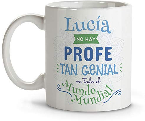 LolaPix Regalo Profesora. Tazas Profesores. Taza personalizada con Nombre. Regalos para Profesores. Taza de Cerámica. Interior de Colores. PROFE GENIAL
