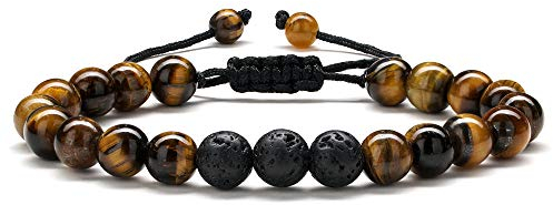 TINGN Herren Lavastein Armband, Natürliches Tigerauge Schwarzer Lavastein Herren Angst Armband Verstellbare Herren Armband Geschenke für Männer Freund Geschenke