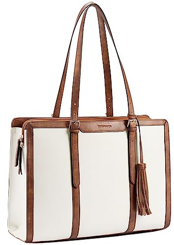 BOSTANTEN Damen Laptop Handtasche 15.6 Zoll Aktentasche PU Leder Schultertasche Frauen Businesstasche Große Shopper Tasche mit 3 Fächern,Beige