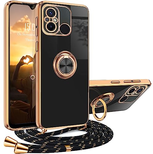 XCYYOO Handykette Xiaomi Redmi 12C/11A Hülle mit Band, Handyhülle Redmi 12C mit Band mit 360° Ring Ständer Silikon Handyhülle Redmi 12 C mit Kette Schutzhülle Redmi 12C mit Band Case mit Ring Halter