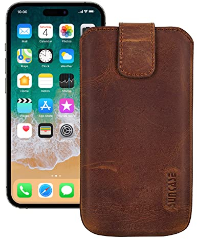 Suncase Leder Tasche kompatibel mit iPhone 15 Pro (6,1 Zoll) Hülle mit ZUSÄTZLICHER Transparent Case | Schale | Silikon Bumper Handytasche (mit Rückzugsfunktion und Magnetverschluss) in antik-Coffee