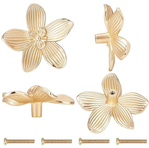 GORGECRAFT 4 Bouton de Tiroir en Forme de Fleur Dorée en Alliage de Zinc avec Pétales Créatifs pour Armoire de Cuisine Commode Placard Tiroir Poignées avec Vis en Fer pour Chambre à Coucher Salon