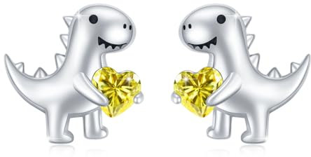 Dinosaurier Ohrringe Mädchen 925 Sterling Silber Dinosaurier Ohrstecker mit Gelb Herz Zirkonia Ohrringe Tier Ohrringe Dino Ohrringe Schmuck Geschenke Hypoallergen für Frauen Kinder Tochter Weihnachts