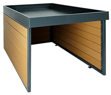Mendler XL Mähroboter-Garage mit Pflanzkasten HWC-L45AM, Dach Unterstand für Rasenmäher, WPC Metall 47x70x94cm - Eiche-Optik