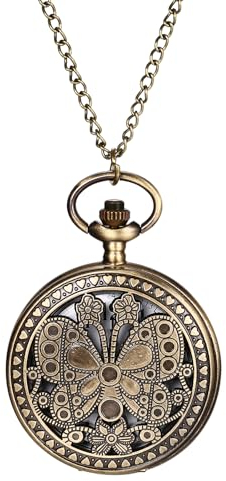 JewelryWe Taschenuhr Herren mit Kette Bronze: Vintage 24H Format Hohle Geschnitzte Schmetterling Kettenuhr Analog Quarz Uhr mit Halskette Geschenk für Vater Ehemann Bruder