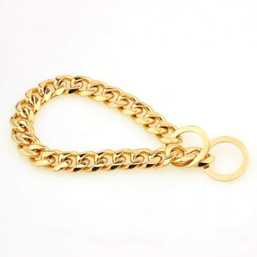 Stainless Steel Cuban Dog Collar, Chain Dog Collar Walking Chain Cuban Link Dog Collar 15mm Heavy Duty Slip Collar For Medium Sized Dogs(Size:14in,Color:Gold)